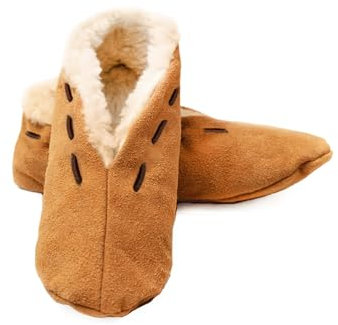 HomeOfSocks Pantuflas de piel para hombre y mujer, talla 30-52, material exterior 100% ante, mocasines cálidos, zapatos de cabaña con forro polar, para hombre para pies calientes, beige, 31 EU