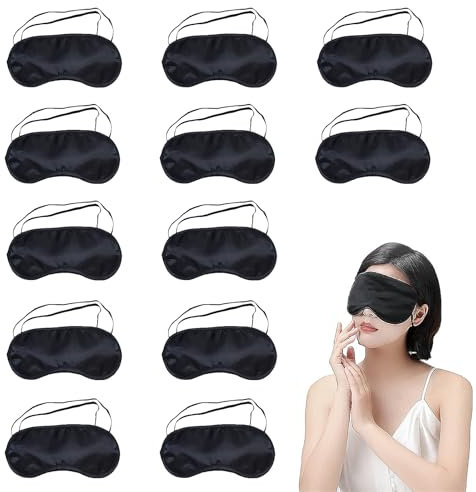 YUGUOLAN 12 Stück Schlafmaske Herren, Damen, Kinder - Schwarz - Polyester-Mischung, Baumwolle - Verstellbarer Riemen, Vollständiger Blackout, Bindegürtel