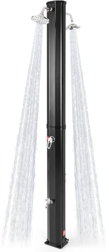 TANGZON 217cm/7ft Outdoor Solar Heated Shower, 35L Garden Adjustable Temperature Pressure Pool Shower with Dual 360°Swivel Shower Heads, Foot Shower, Vertical Bath Machines