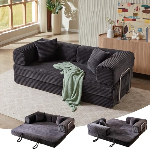 TIAOLOURIA 81 Inch Convertible Futon Sofa Bed,Fold Out Floor Sofa Couch with Fixed-Shape Frame,Corduroy Foldable Mattress Pull-Out Couches for Living Room (Dark Grey)