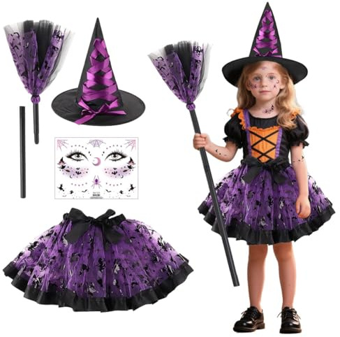 Deguisement Sorciere Fille, Costume de Sorcière pour Enfant, Halloween Tutu Sorcièr-e avec Balai, Autocollants pour Visage et Chapeau de Sorcièr-e, pour Halloween Carnaval Cosplay Fête (Violet)