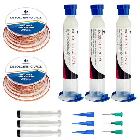 Flussmittel Löten, 3PCS 10ML No-Clean Bleifreies Kolophonium Lötpasten Flussmittel mit 2PCS 3M/10ft 2.5mm Entlötdraht für Handy-Lötungen,BGA, Elektronik Löten Reparaturen Kit