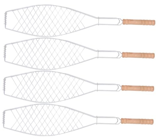 4 st non-stick järngrillställ med trähandtag – fisk och kött grillklämmor set för utomhuscamping grillverktyg perfekta för grillning och matlagning