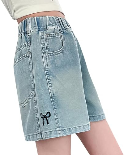 Generic Pantalon court en jean pour filles, nœud mignon, graphique à arc, denim, baggy, élastique, taille haute, coupe droite, bermuda, pantalon tendance Y2K, esthétique à la mode, bleu, 11-12 ans