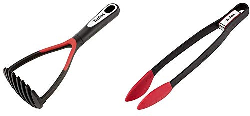 Tefal K2071214 Ingenio Presse-Purée/Ecrase Purée ustensile de cuisine noir résistant & K2060714 Ingenio Pince à Aliments en silicone avec fermoir résistant jusqu'à 250°C ustensile noir et rouge