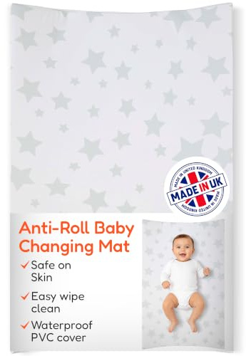 Babycurls Deluxe Anti-Roll PVC Wedge Nappy Baby Changing Mat with Curved Sides and Raised Edges for Babies from Birth Upwards Wipe Clean and Waterproof 69 x 45 x 8cm (Grey Stars)