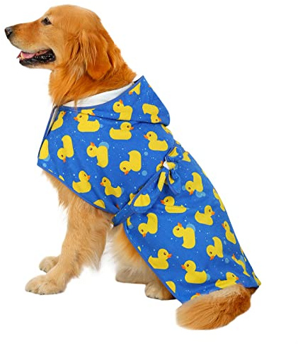 HDE Dog Bathrobe Super Absorbent Drying Towel with Hood for Large Dogs, Blue Rubber Ducks, XL