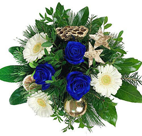 Blumenstrauß Weihnachten - Blaue Rosen und weiße Gerbera - Inklusive Grußkarte
