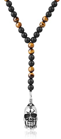 GAVU Geschenke Perlenkette aus Mattem Onyx und Gelbem Tigerauge Kristall Kette mit Gotischem Schädel Anhänger