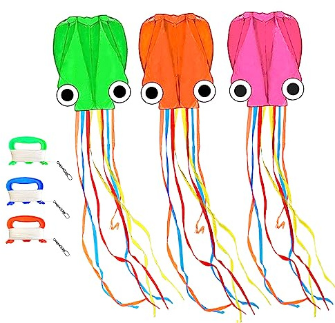Kaiciuss 3 Pack Octopus Kites for Kids & Adults Easy to Fly, 24”x 158” Large Soft Kite for Boys and Girls, Single Line 3D Beach Set for Teens, it Comes with 3 x 300ft Handles