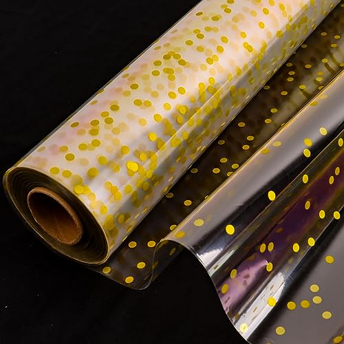 CMFYHM Zellophanrolle, transparent, 86cm x 30,6 m, 3 mm, goldfarbene Punkte, Zellophanrolle, Geschenkpapierrolle, Zellophanfolie für Geschenke, Körbe, Blumen, Party-Dekorationen