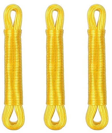 Relaxdays Wäscheleine 3er Set, 20m, PVC Wäscheseil mit Polyesterkern, extra stark, drinnen & draußen, Wäscheschnur, gelb