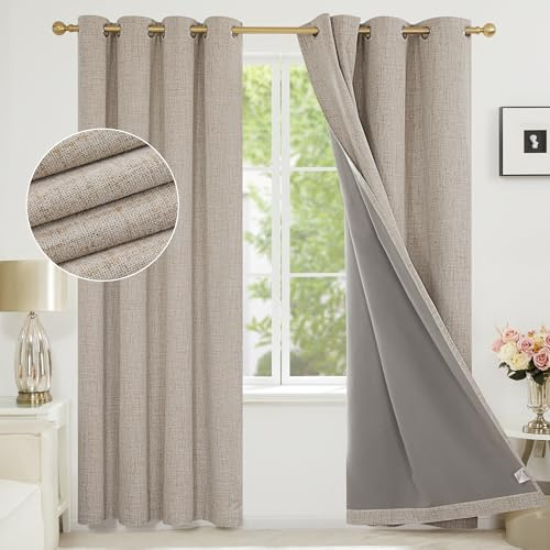 Deconovo Full Blackout Curtains 90 Inch Drop with Coating Faux Linen Thermal Energy Saving Eyelet Curtains for Living Room, 46 x 90 Inch(Width x Length), Taupe, One Pair