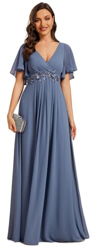 Ever-Pretty Vestito Donna Elegante Scollo a V Maniche a Volant Stile Lungo Abito Cerimonia Donna Denim Blu 58