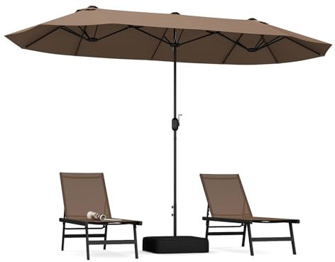 GOPLUS Parasol de Jardin Exterieur avec Pied, 4M Parasol Double Face avec LED, Manivelle et Ventilation, Grand Parasol Extérieur pour 6 Personnes pour Marché, Piscine, Terrasse, Balcon (Café)