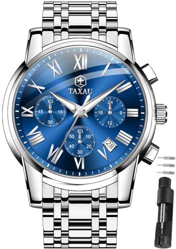 Taxau Silber Uhr Herren Blaues Zifferblatt Edelstahl Armbanduhr Herren Klassische römische Ziffern Luxus männer Uhr Wasserdicht metallarmband armbanduhren für Herren Chronograph Reloj para Hombre