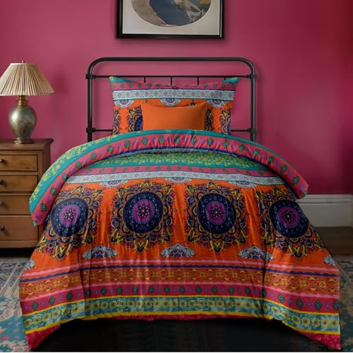 Dreamzie Bohemian Bettwäsche 135x200 cm 2 Teilig Rosa Orange Boho Indischen Mandala Böhmisch Bettwäsche Set mit Reißverschluss Vintage Bettbezug und 1 Kissenbezug 80x80cm