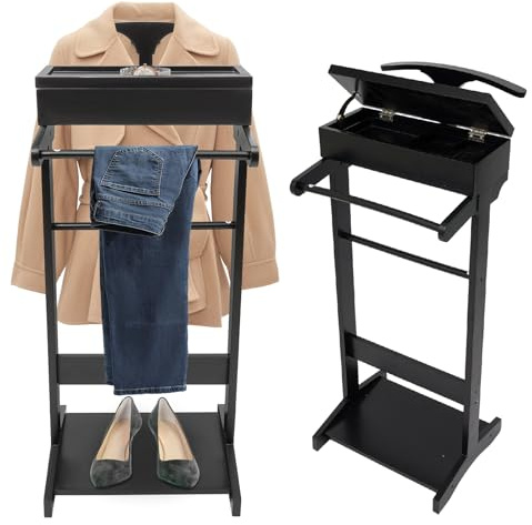 Wood Mens Valet Stand With Shoe Shelf, Coat Hanger and Hat Rack - Freestanding Suit Stand and Clothes Butler With Storage Organizer (Black)