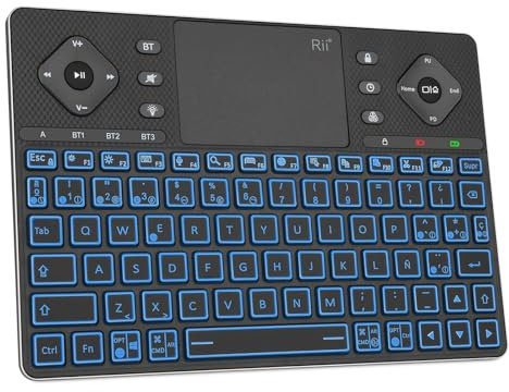 Rii Teclado Inalámbrico K16+, Teclado Bluetooth con Panel Táctil, Teclado Recargable con Retroiluminación RGB, Teclado Multimedia Compacto para Android TV, Proyector, HTPC, Smart TV, Tablet, iPad, PC