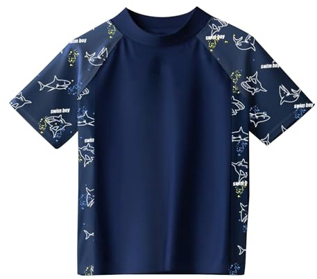 Maillot de Bain Garcon, Tee Shirt Anti UV Enfant, Manches Courtes, Requin (FR/ES, Âge, 9 Ans, 10 Ans, Taille Normale, Bleu foncé)