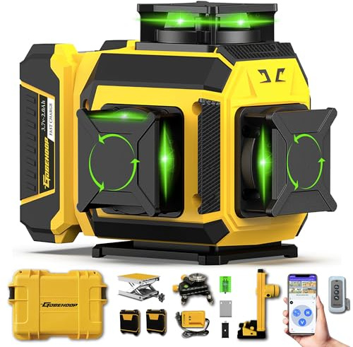 GOBEHOOP 12 Lines 3x360° Self-Leveling Green Laser Level, Durable & High Accuracy 3D Cross Line Laser Level with LED Digital Display, Tilt/Pulse Mode, Bluetooth Remote Control, Rotary Window, Li-ion