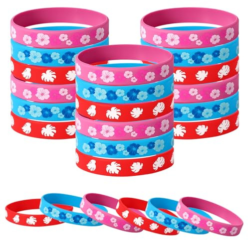 SAVITA 24pz Braccialetti in Silicone Anime, Simpatici Braccialetti con Stampa Floreale a Tema Cartone Animato Bomboniere per Feste a Tema Hawaiano Rosso Blu e Rosa per Decorazioni Feste Compleanno