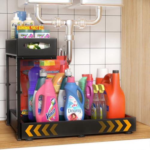 Housolution Spülschrank Organizer Ausziehbar, Breite Erweiterbar von 35 bis 52cm, Höhe Verstellbar von 34 bis 45cm, Metall Unter Spüle Waschbecken Organizer Spülenunterschrank Regal, Einseitig