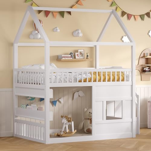 FUvellamo House Loft Bed Full Size for Kids with Stairs & Bookshelves & Roof & LED,Wood Stairway Loft Bed Frame with Safety Guardrails and Under-Bed Play Area for Boys Girls,White