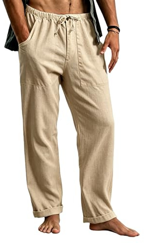 Cegerne Pantaloni in Lino Uomo Lunghi Leggeri, Pantaloni Estivi Casual con Vita Elastica e Coulisse, per Spiaggia Vacanze Medievale Vintage e Uso Quotidiano, Cammello, L