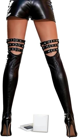 comeondear PU Leather Plus Size Hold Up Stockings with Adjustable Buckles | XS-5XL, High Elastic Fits Fuller Curves, Cut-out Punk Gothic Thigh Highs, Rave Outfit for Halloween Clubbing, Gift Boxed