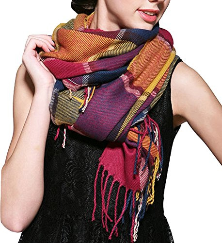 Mocasor Women's Plaid Scarf Blanket Winter Fashion Soft Warm Classic Large Lattice Shawl Wraps Multicolor 200x60cm (6 Golden Wine Red), 04 Golden Wine Red, L