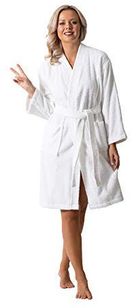 Luxurious Turkish Terry Kimono Collar Super-Soft Terry Absorbent Bathrobes for Women (White, Large)