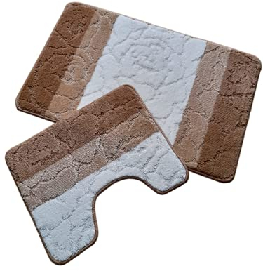 oKu-Tex Design Badematte Antirutsch Set 2 Teilig, rutschfest & waschbar, Badvorleger 50 x 80 cm für das Badezimmer, WC Vorleger mit Ausschnitt 40 x 50 cm, gestreift, braun weiß, Rose, floral