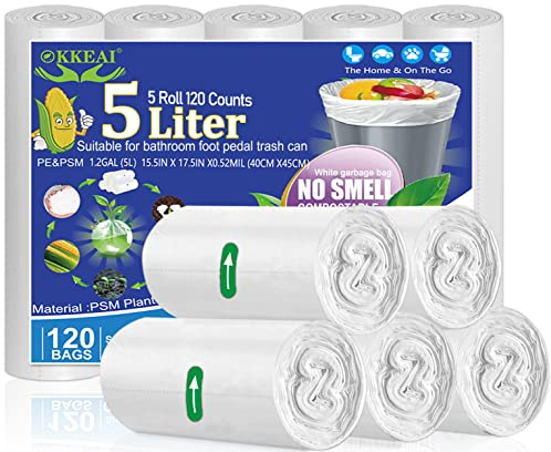OKKEAI Small Trash Bags 5L Bin Bags White Bin Liner 120 Counts Mini Garbage Bags for Wastebasket,Bathroom,Office,Toilet,Fit 3L,4L,5L,6 Pedal Waste Bin