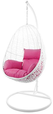 Kideo® set completo: poltrona sospesa con telaio e cuscino, per interni ed esterni, in rattan sintetico. Colore telaio e cesto: bianco. Cuscino: Nest, rosa (3333 hot pink)