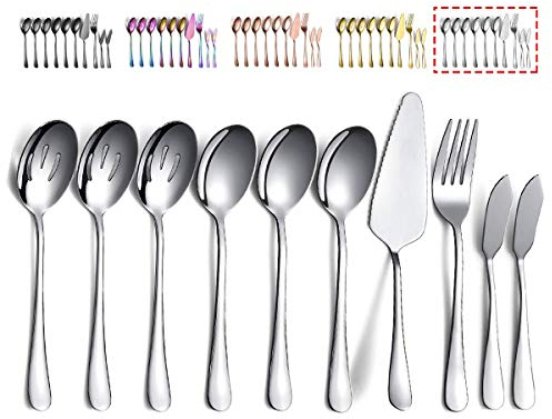 Kyraton Cutlery Set of 10 Pieces - Serving Utensils Include 3 Spoons, 3 Slotted Spoons, 1 Serving Fork, 1 Cake Server, 2 Butter Knife Spreaders