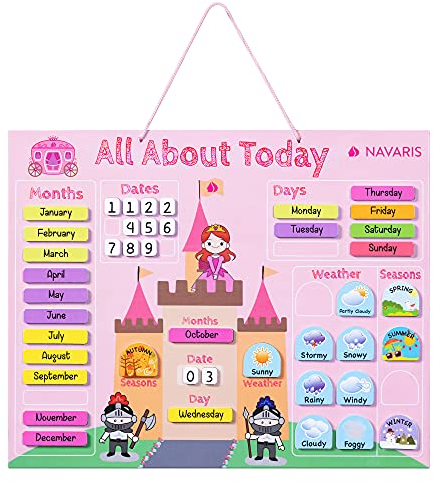 Navaris Kalender Tafel für Kinder - Lerntafel Jahreszeiten Uhr - Magnet Spiel Lernuhr - Kinderkalender Jahreskalender magnetisch - Prinzessin englisch