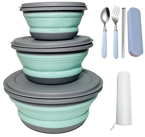 RMAMSCOV Camping Bowl, 3 PCS Food Grade Silicone Collapsible Bowl Lunch Box Salad Bowl with Lid, Expandable Food Storage Containers Set with Free folding tableware and storage bag (Blue)