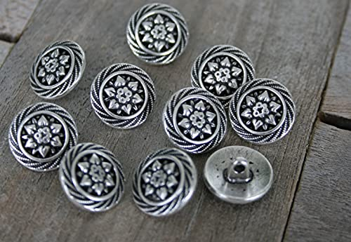 10 Stück Knöpfe Metall 15mm Edelweiss Enzian Ösenknöpfe Trachtenknöpfe silber glänzend oder altmessing (silber)