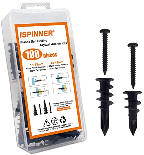 ISPINNER 100pcs #6#8 Self Drilling Plastic Drywall Anchors with Screws, Self Tapping Sheetrock Anchors Hanging and Mounting 50-75lbs(Black)