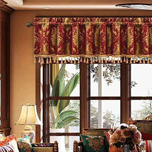 TOPLUXE Curtain Valance for Windows 137x46cm, Damask Valance with Tassels, Short Curtain for Bedroom Living Room Kitchen (Burgundy)