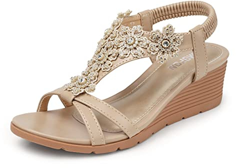 TEMOFON Women's Low Wedge Heels Summer Dressy Platform Sandals Elastic Ankle Strap Open Toe Flower Shoes Nude Size 8
