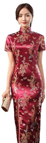 Abito Cinese da Donna - Elegante Cheongsam A Forcella Lunga in Raso di Broccato Cinese Classico Qipao da Donna A Maniche Corte Abito da Sera da Sposa Sexy,Rosso,L