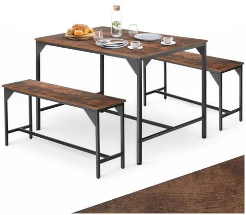 tectake Essgruppe, Esstisch 3-teilig, Sitzgruppe, Esszimmer Set mit Tisch und 2 Bänken, 110 x 70 x 75 cm, Industrial Design, ideal für Küche, Wohnzimmer, Esszimmer - Industrial Holz dunkel, rustikal
