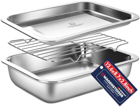 Stainless Steel Casserole Pan or Food Prep Container with Rack & Lid (Tray), 3.5Quarts, Buffet Party Pans, Roasting Pan with Rack, Bakeware, Roaster, Oven-safe, Freezer-friendly (1306 / No6)