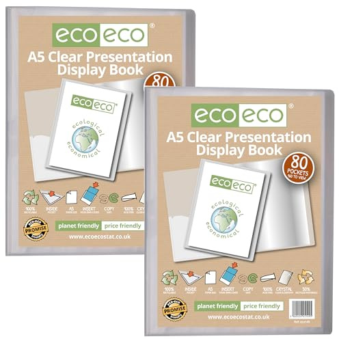 eco-eco - Raccoglitore per presentazioni, formato A5, 50% riciclato, 80 tasche, trasparente, con buste in plastica, confezione da 2, eco149 x 2