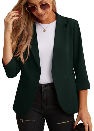 GRECERELLE Blazer élégant à manches 3/4 pour femme - Veste décontractée pour le travail - Blazer de bureau - Veste de costume et blazers avec poches et bouton pour femme, vert foncé, 44