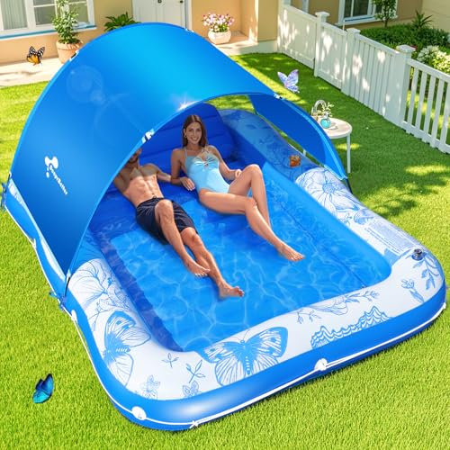 Inflatable Tanning Pool Lounger with Canopy,81x 60 Large Tanning Floats for Adults, Butterfly Pool Lounger Float,Blow Up Tanning Water Bed with Cup&Phone Holder,Adults Tanning Pools for Backyard