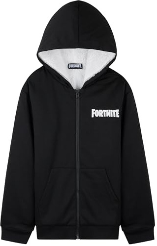 Fortnite Sudadera Cremallera para Niño y Chico con Bolsillos Tipo Canguro, 7-16 Años, Forro Sherpa Chaqueta con Capucha (14-15 Años, Nero)