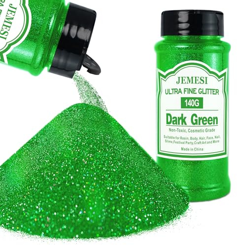 JEMESI mörkgrönt glitterpulver, 140 g – 0,2 mm ultratunt glitterpulverglitter för epoxiharts, gör-det-själv-pyssel, tumbler målning ljus tillverkning; kosmetiskt glitter, nagelpulver, body glitter hår